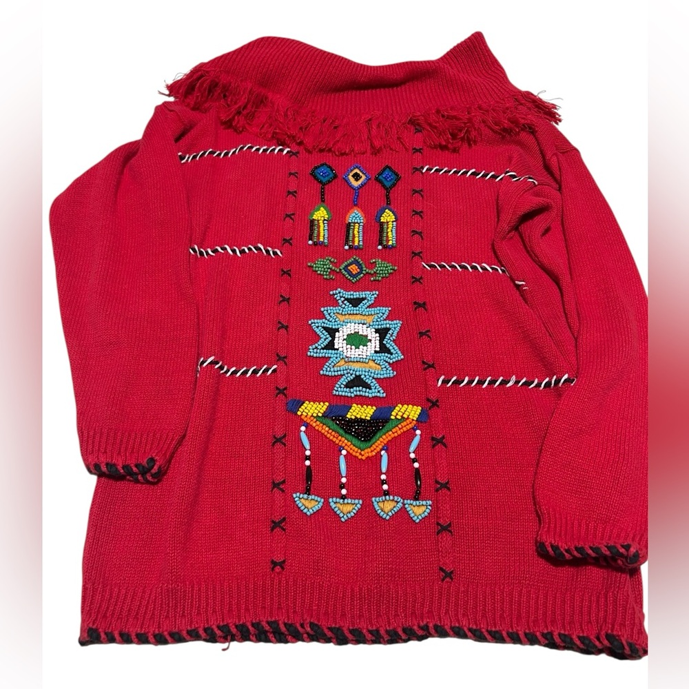 Vintage Victoria Jones Beaded Cowl Neck, Fringe Red Sweater